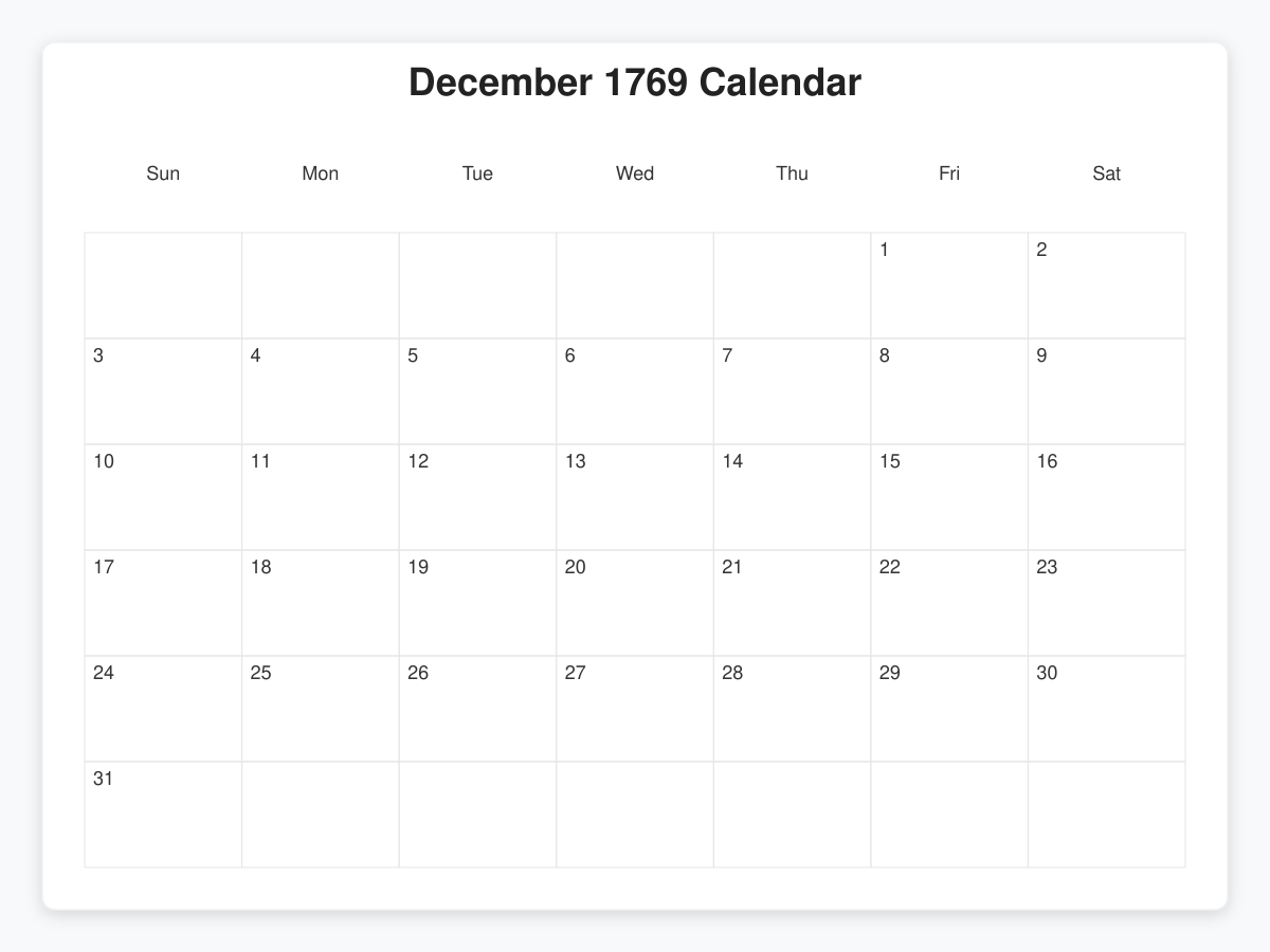 Printable December 1769 Calendars