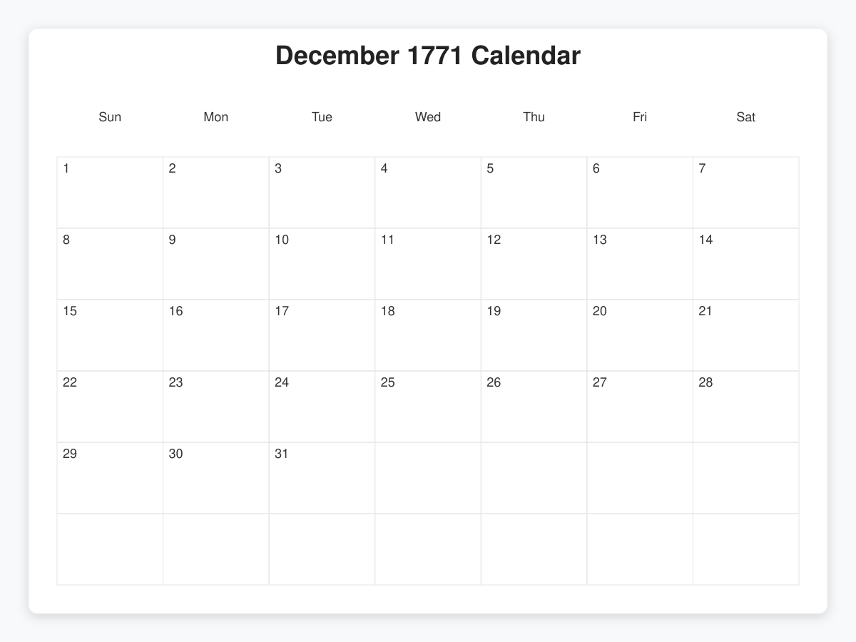 Printable December 1771 Calendars