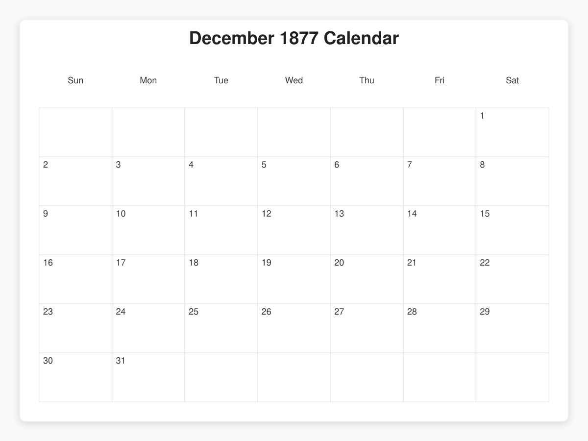 Printable December 1877 Calendars