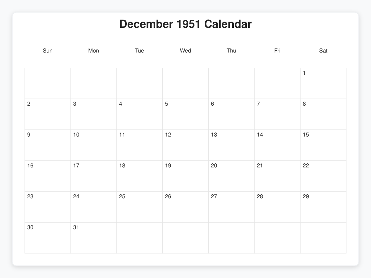 Printable December 1951 Calendars