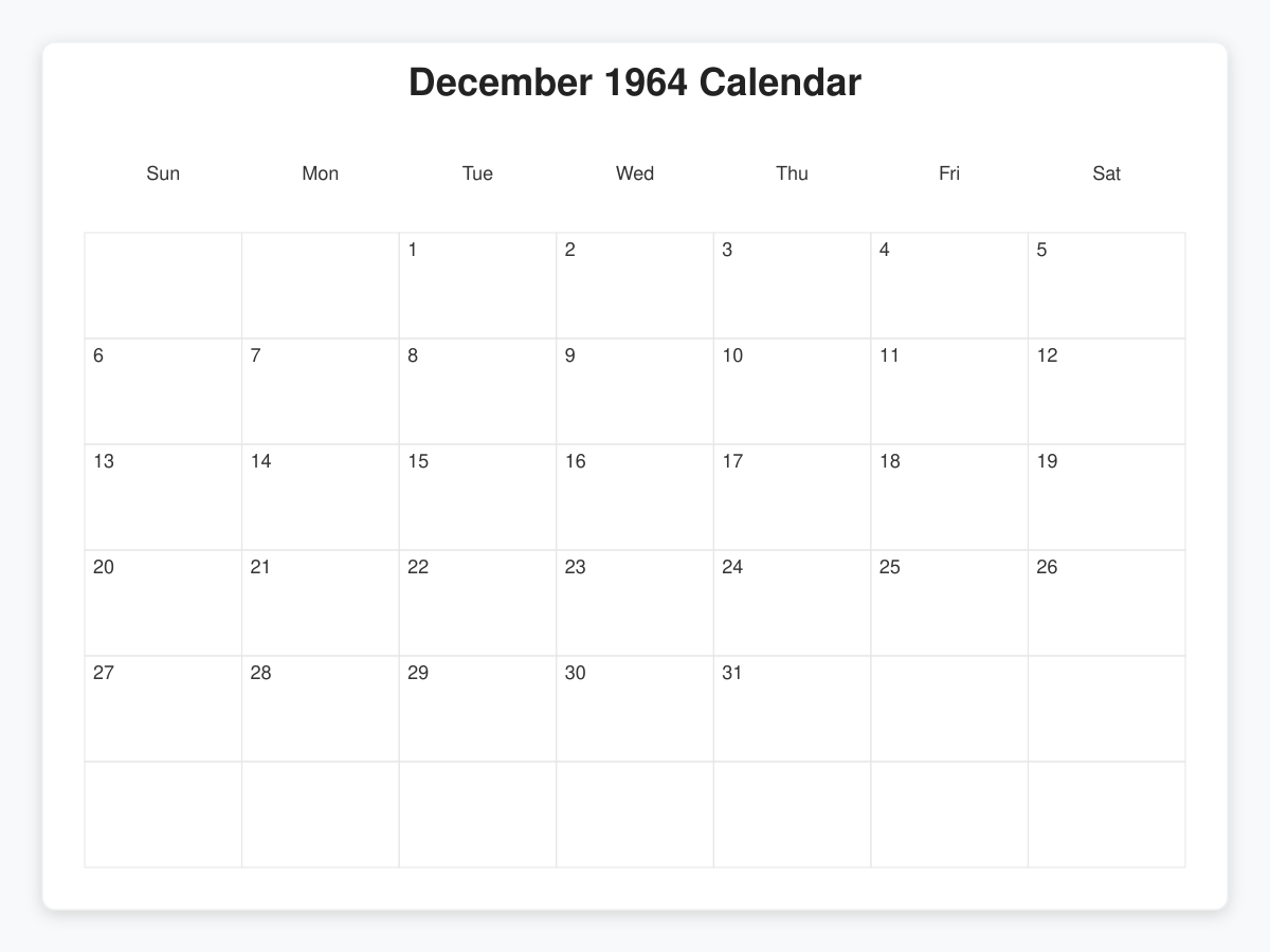 Printable December 1964 Calendars