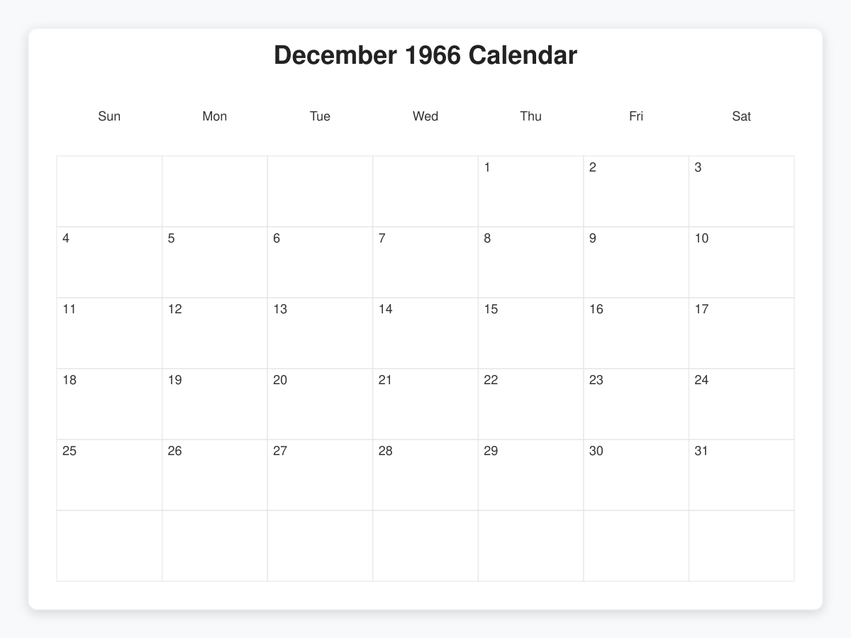 Printable December 1966 Calendars
