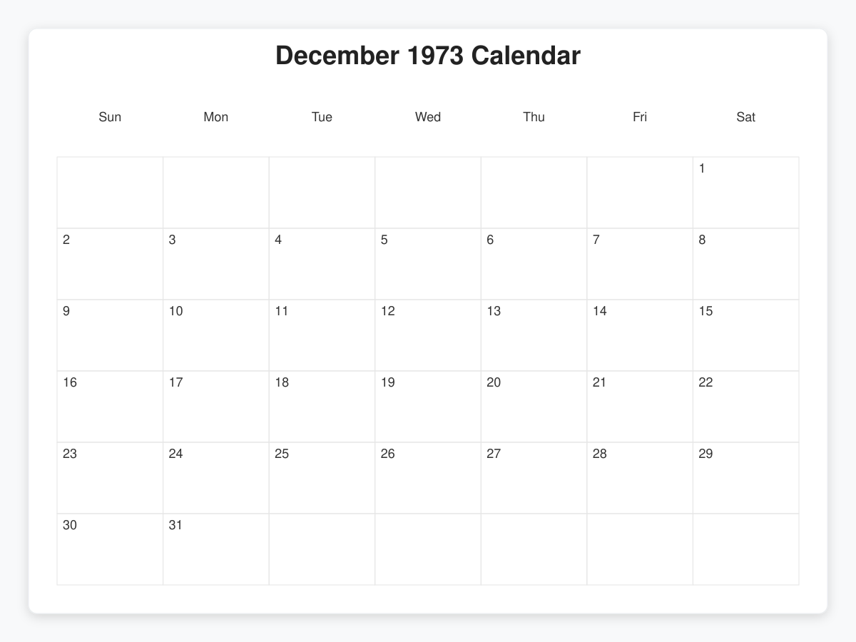 Printable December 1973 Calendars
