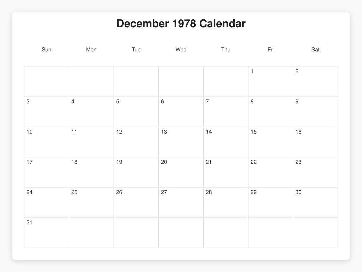Printable December 1978 Calendars
