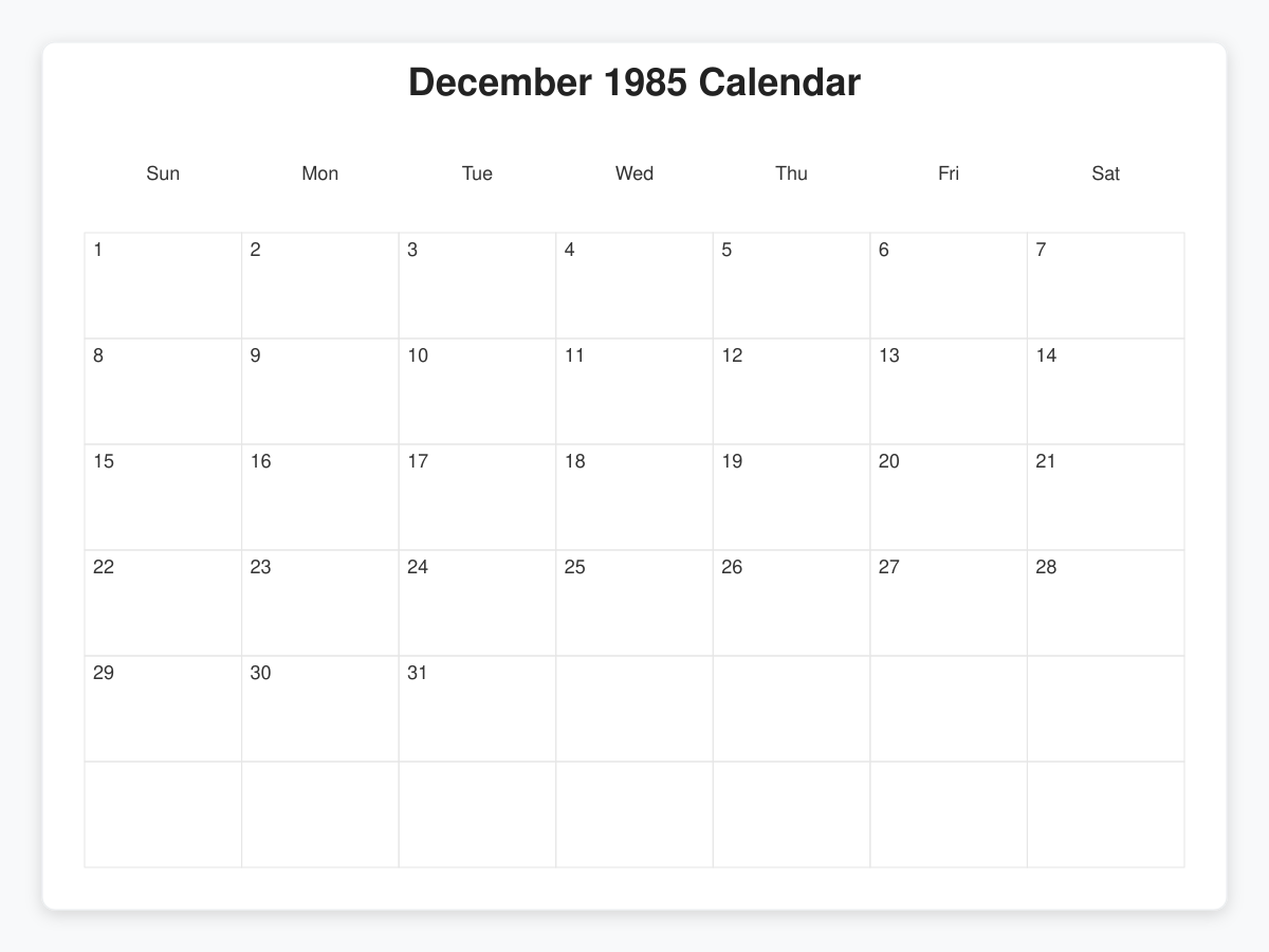 Printable December 1985 Calendars