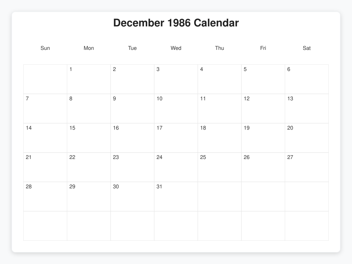 Printable December 1986 Calendars