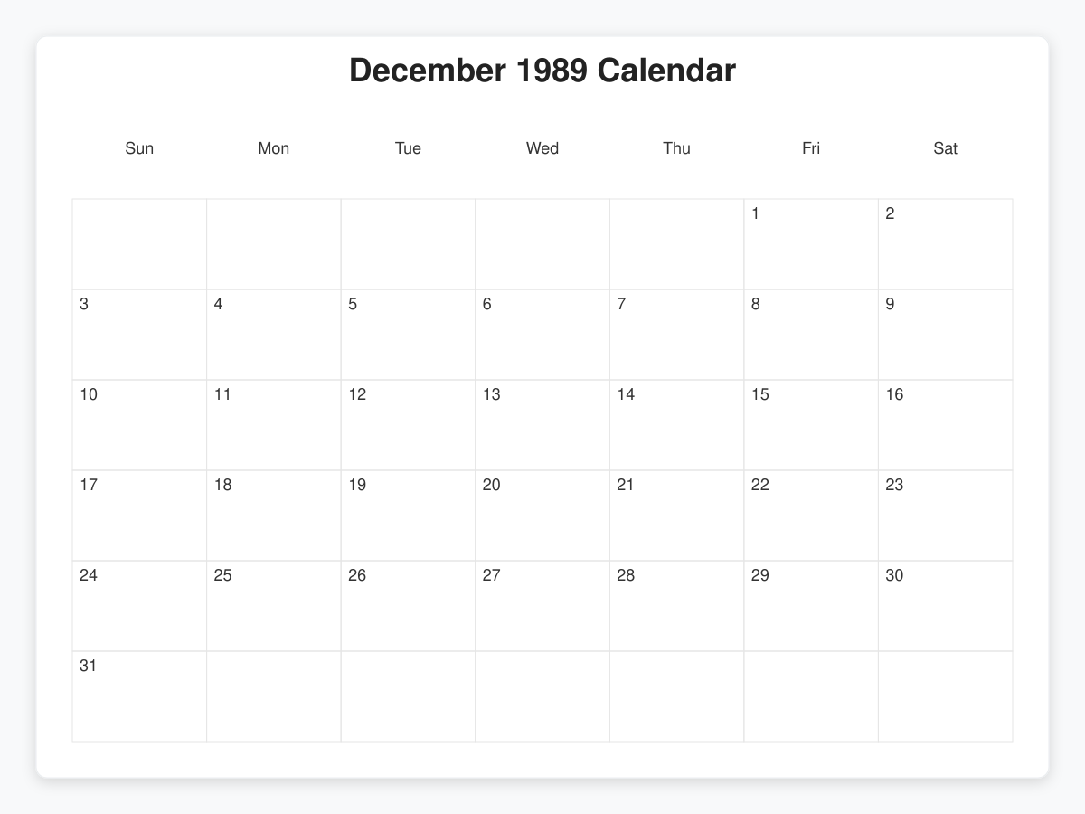 Printable December 1989 Calendars