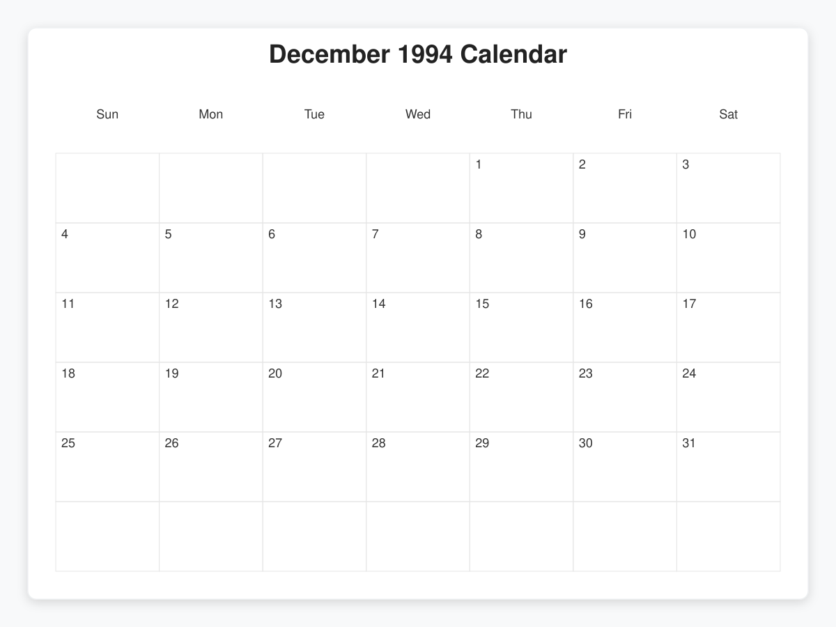 Printable December 1994 Calendars