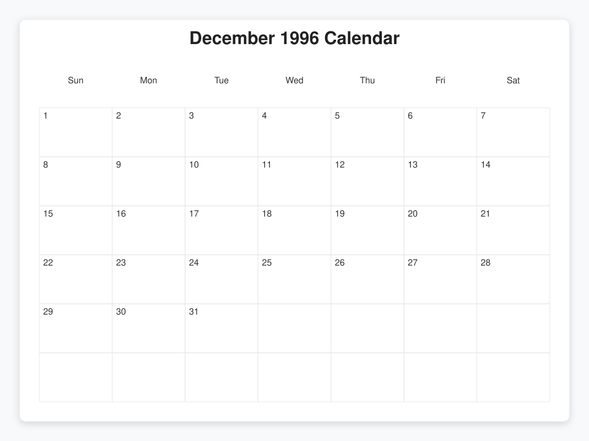 Printable December 1996 Calendars