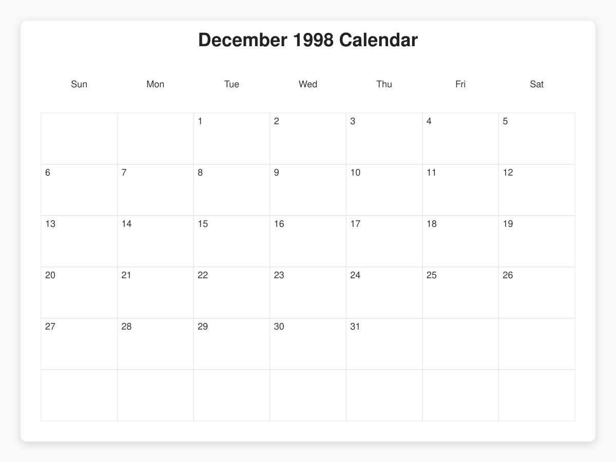 Printable December 1998 Calendars