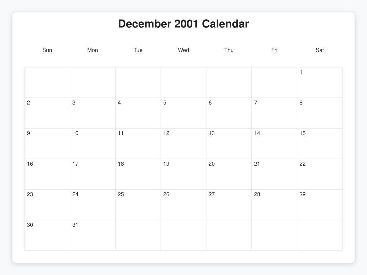 Printable December 2001 Calendars