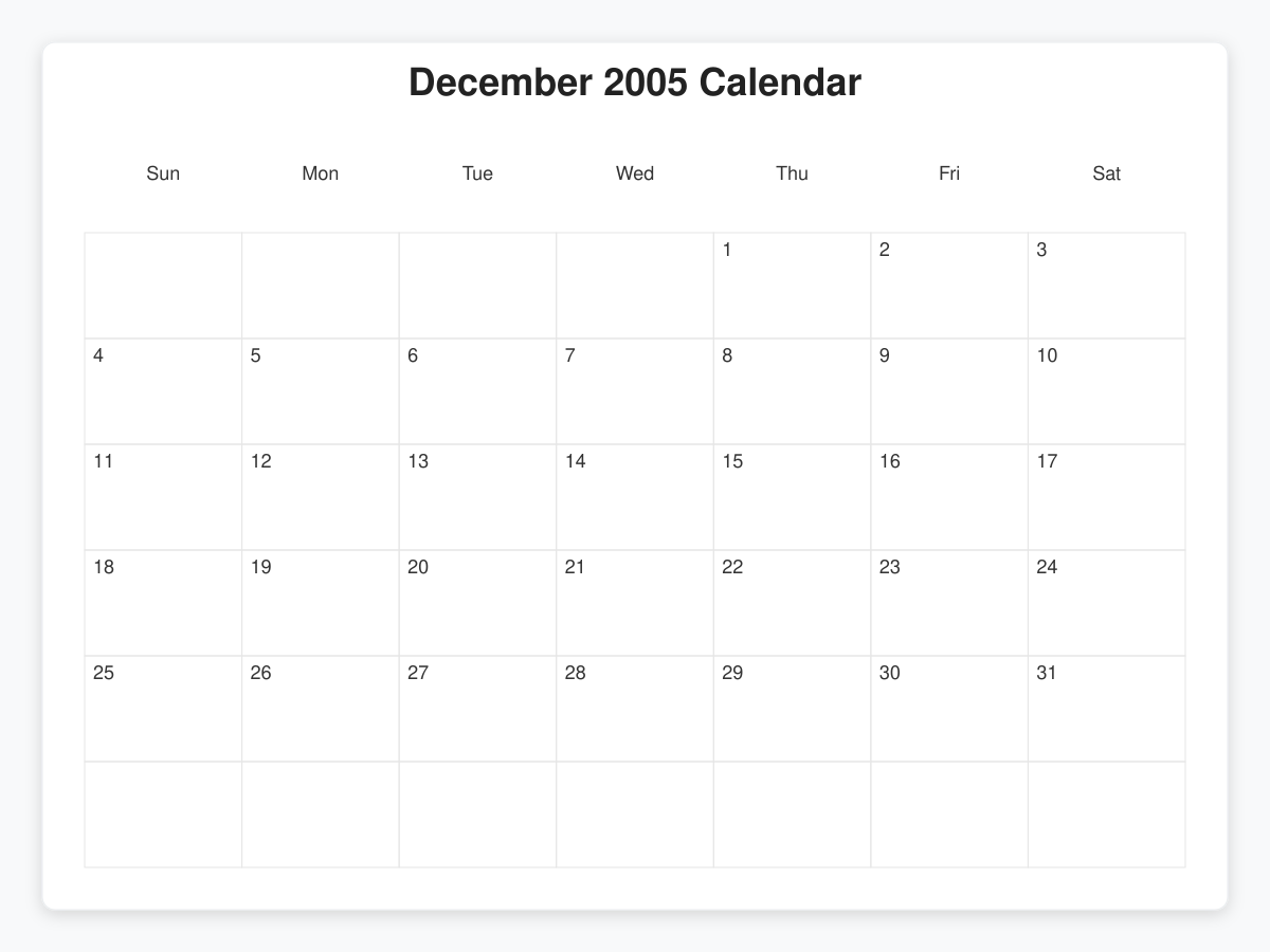 Printable December 2005 Calendars