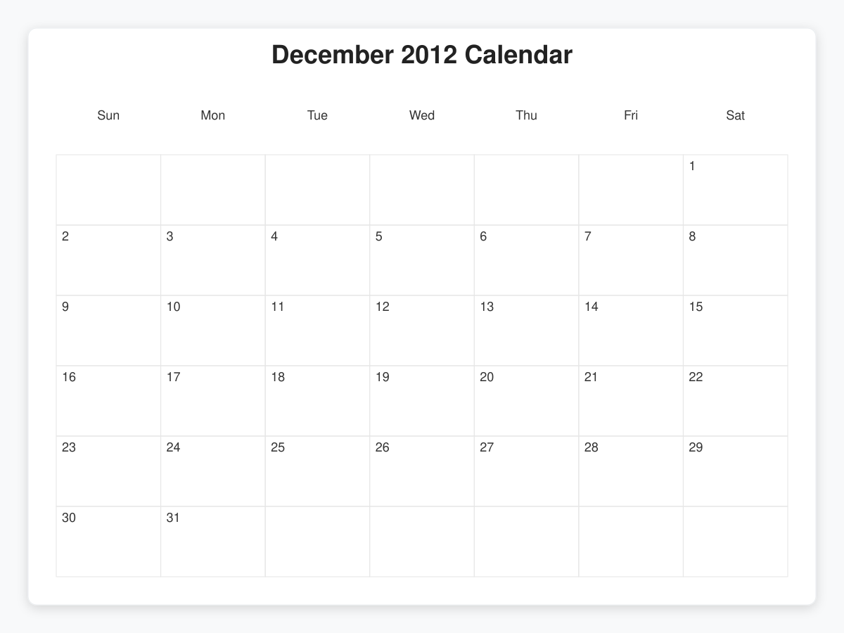 Printable December 2012 Calendars