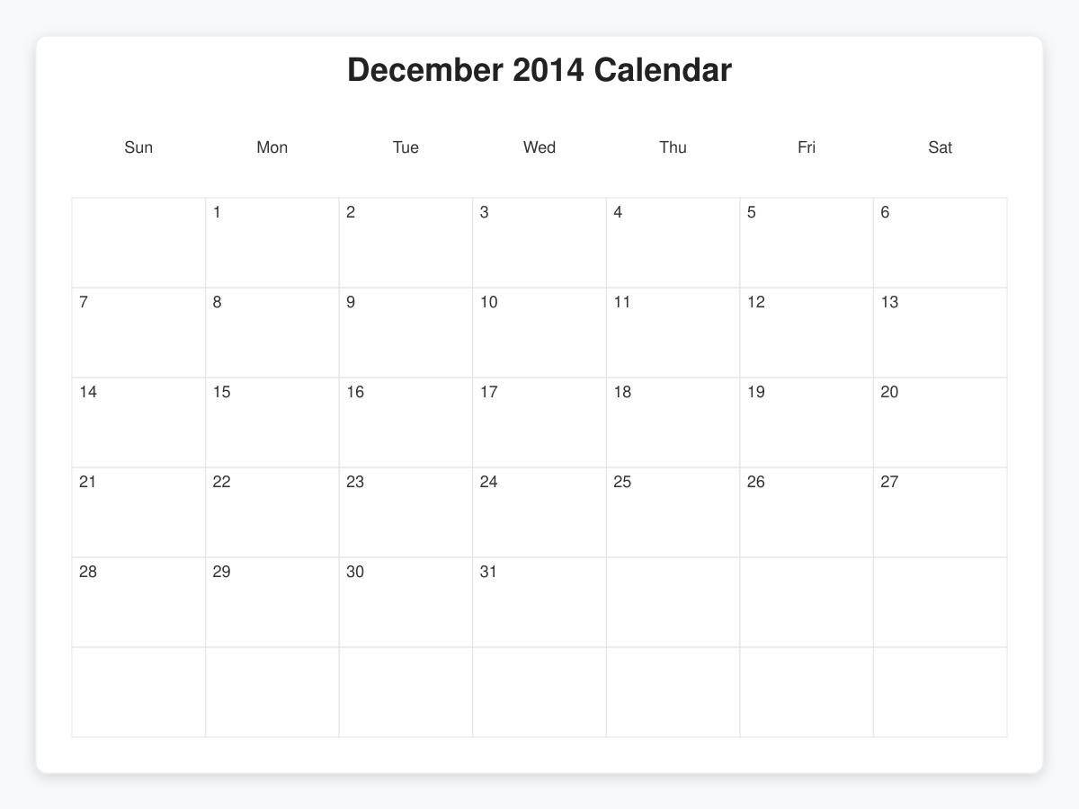 Printable December 2014 Calendars