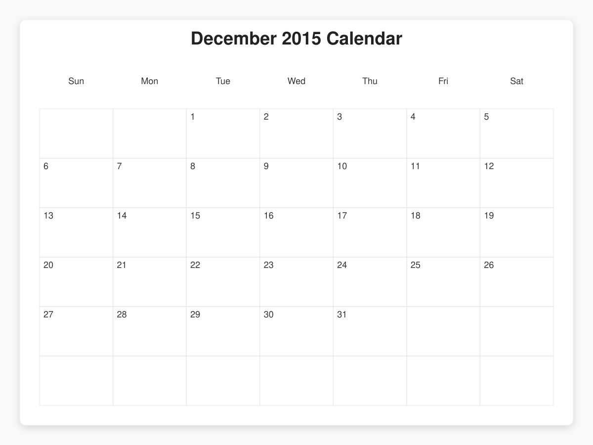 Printable December 2015 Calendars
