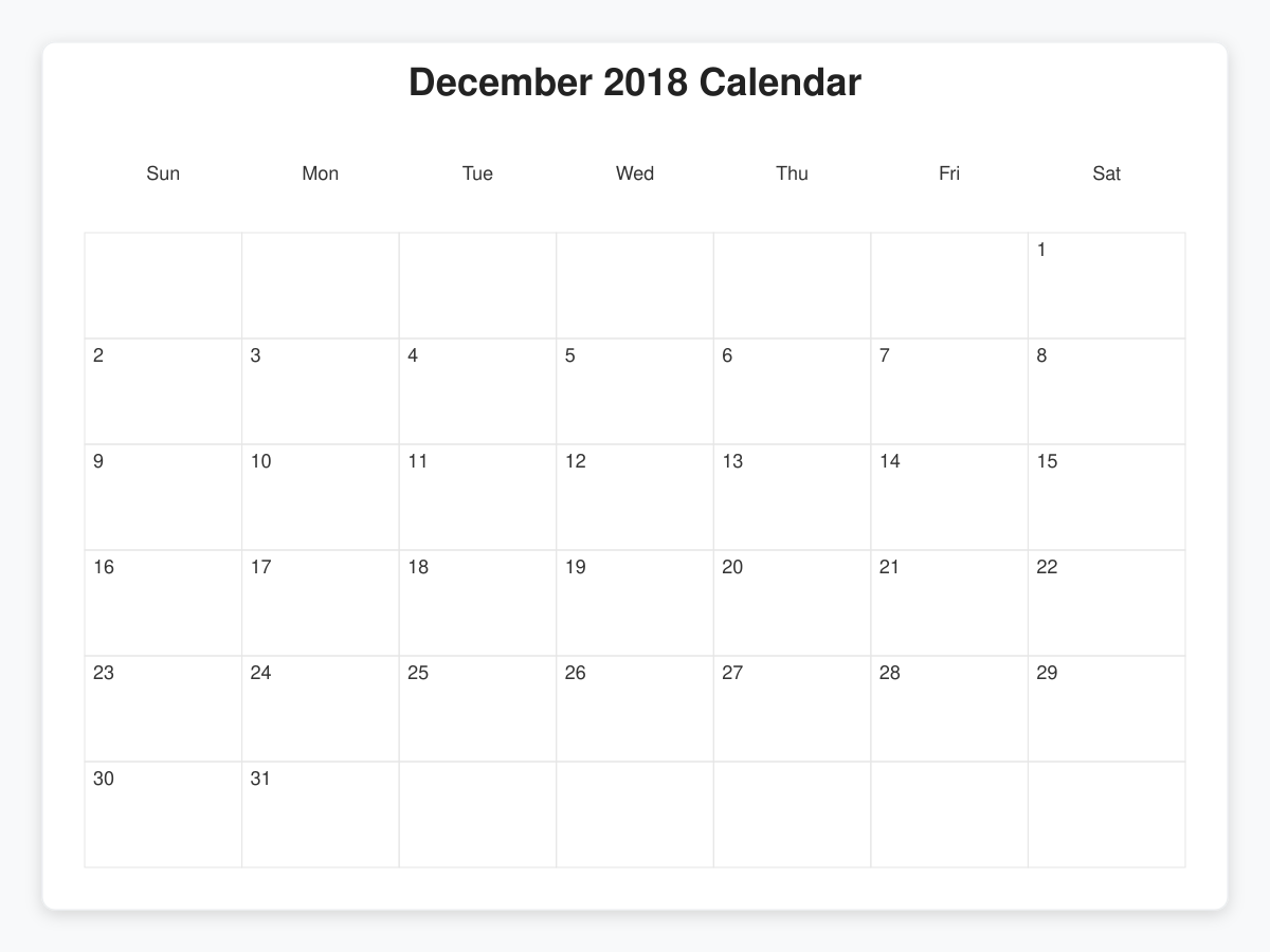 Printable December 2018 Calendars