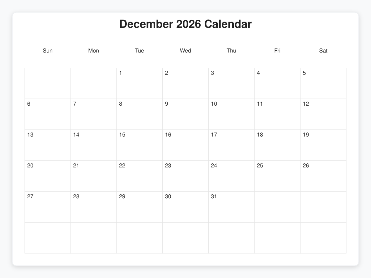 Printable December 2026 Calendars
