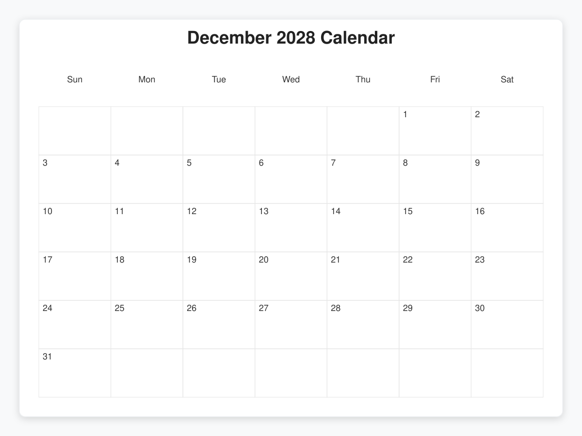 Printable December 2028 Calendars