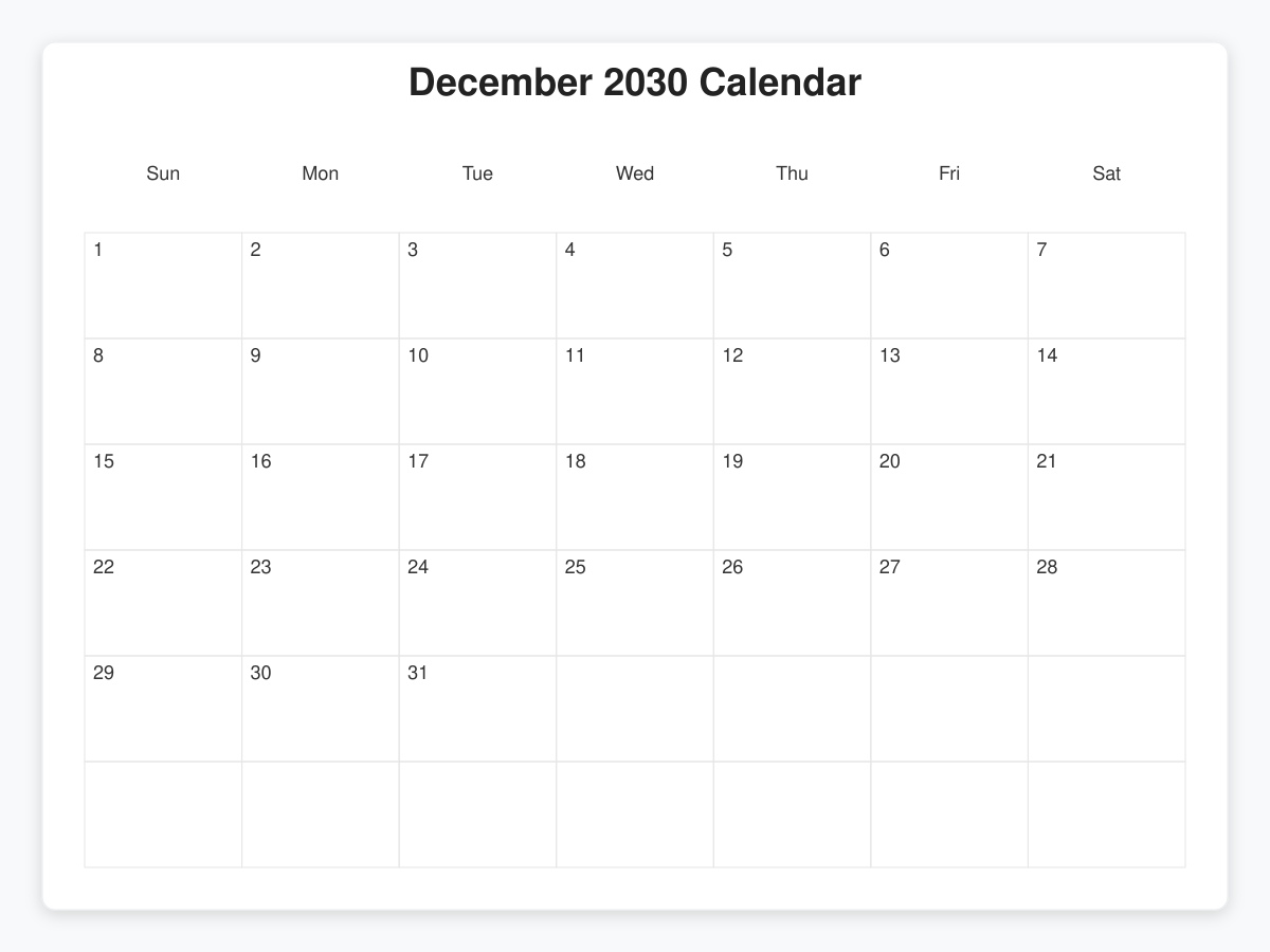 Printable December 2030 Calendars