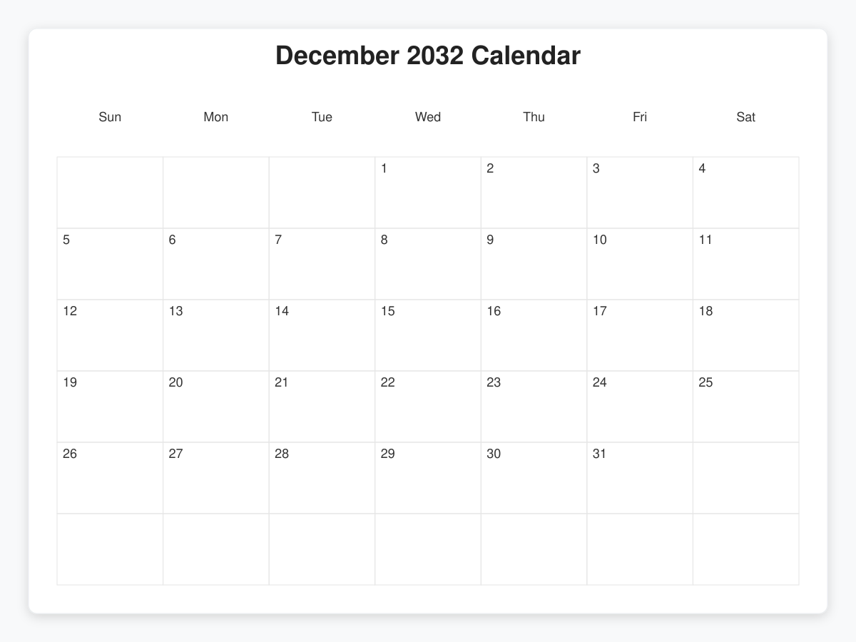 Printable December 2032 Calendars