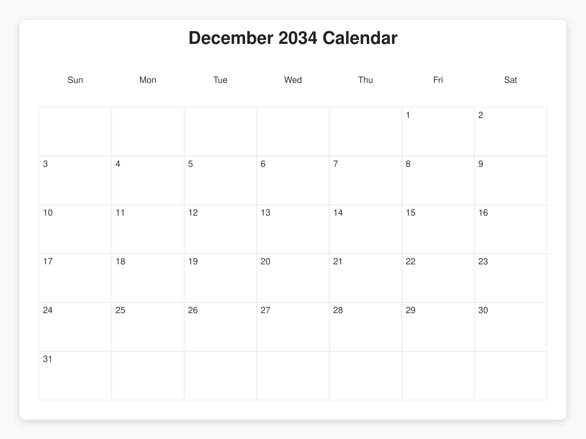 Printable December 2034 Calendars