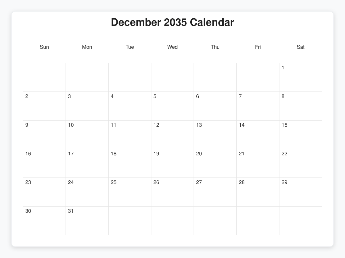 Printable December 2035 Calendars
