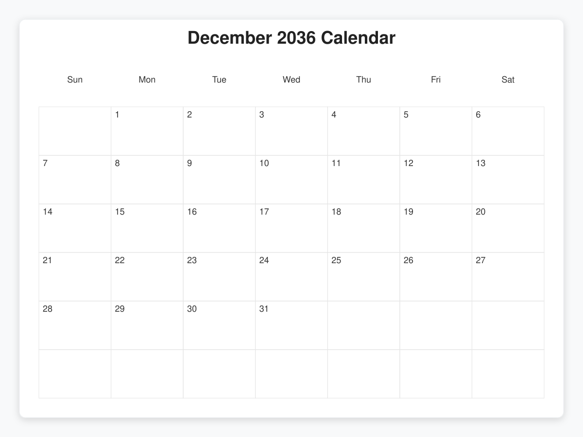 Printable December 2036 Calendars