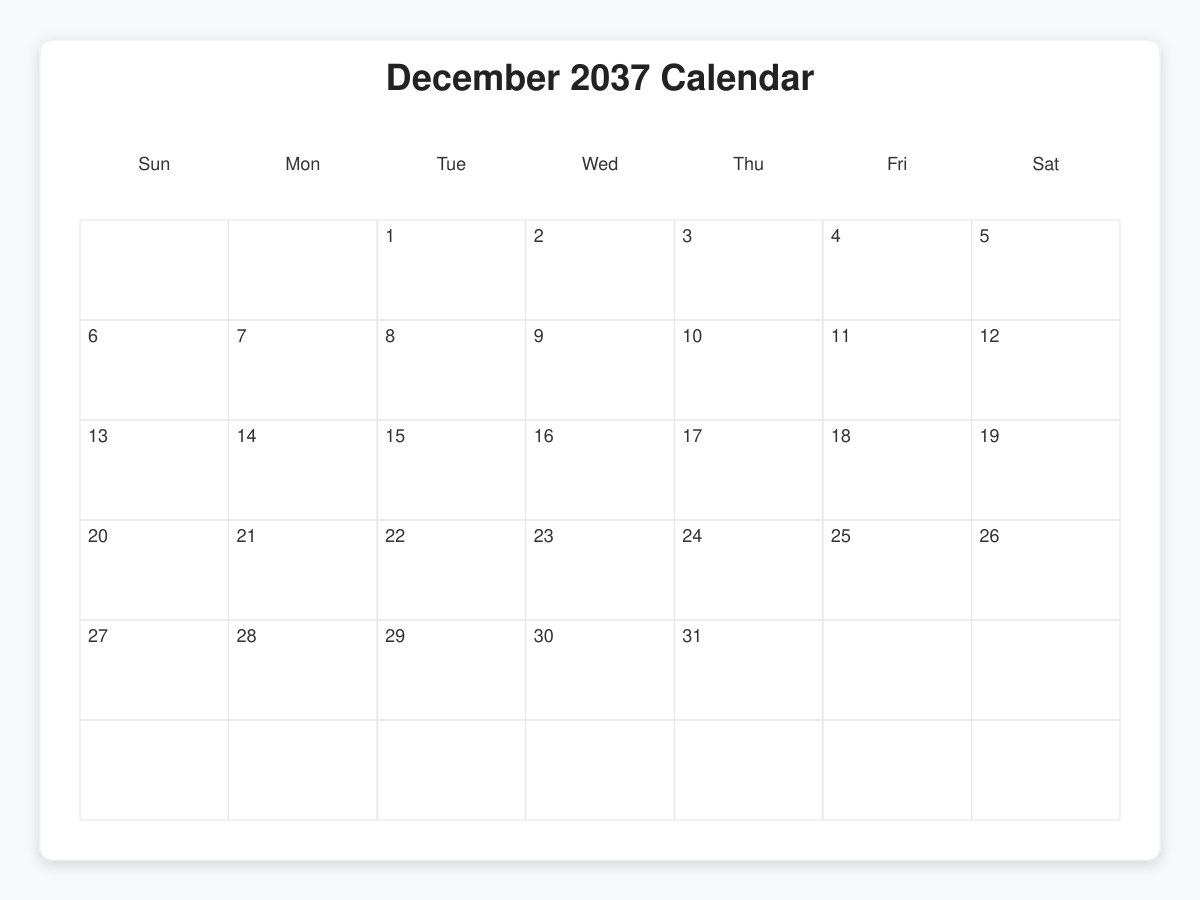 Printable December 2037 Calendars
