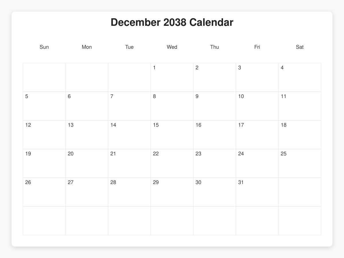 Printable December 2038 Calendars