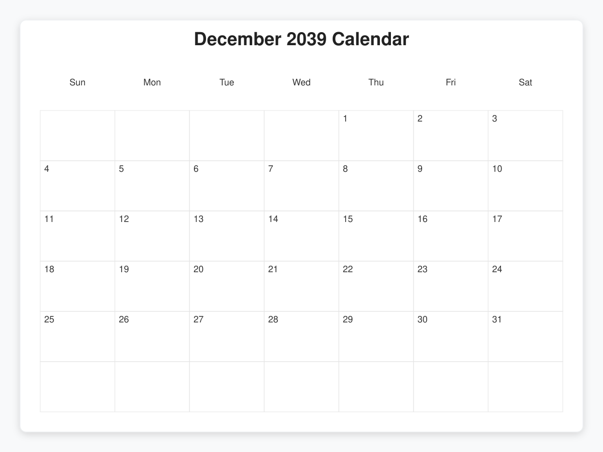 Printable December 2039 Calendars