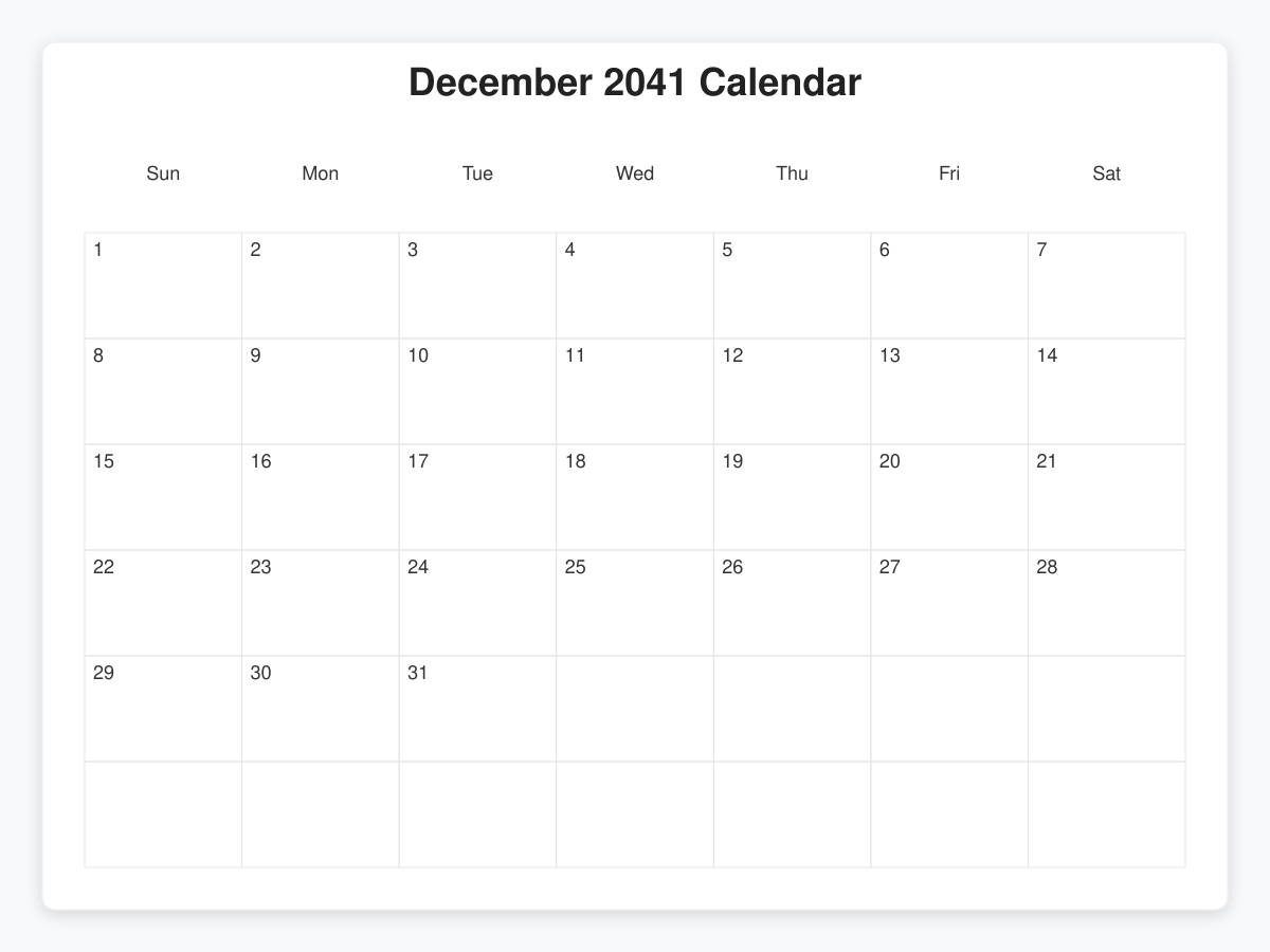 Printable December 2041 Calendars