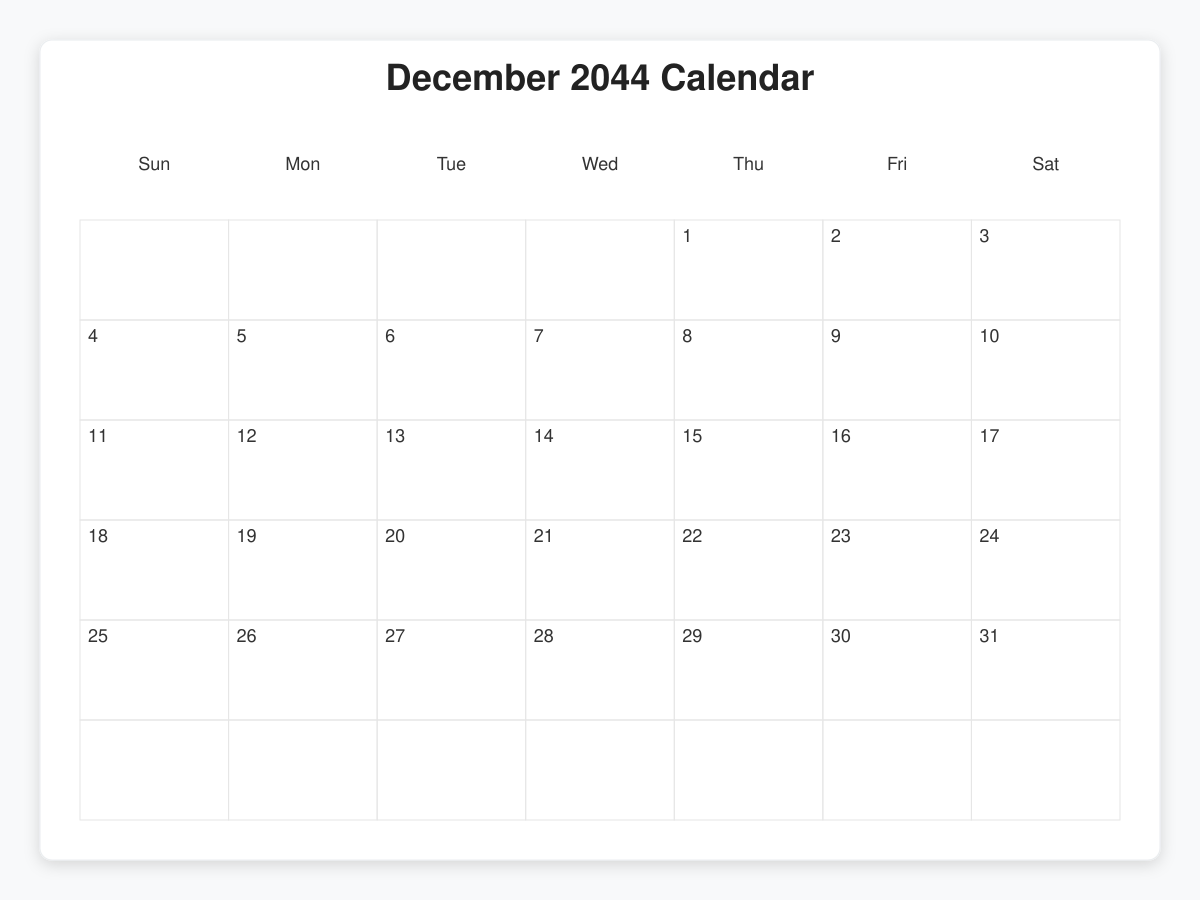 Printable December 2044 Calendars