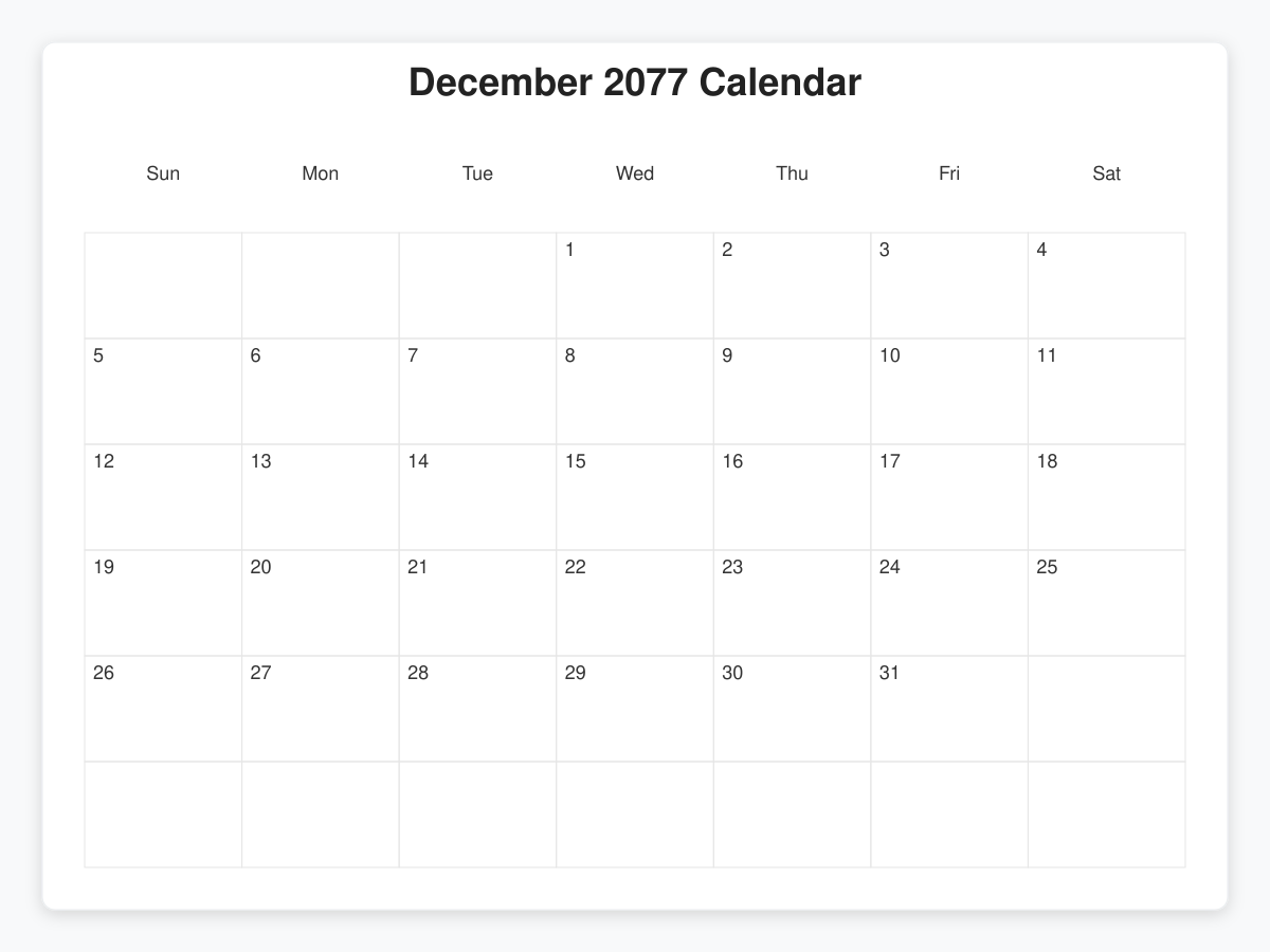 Printable December 2077 Calendars