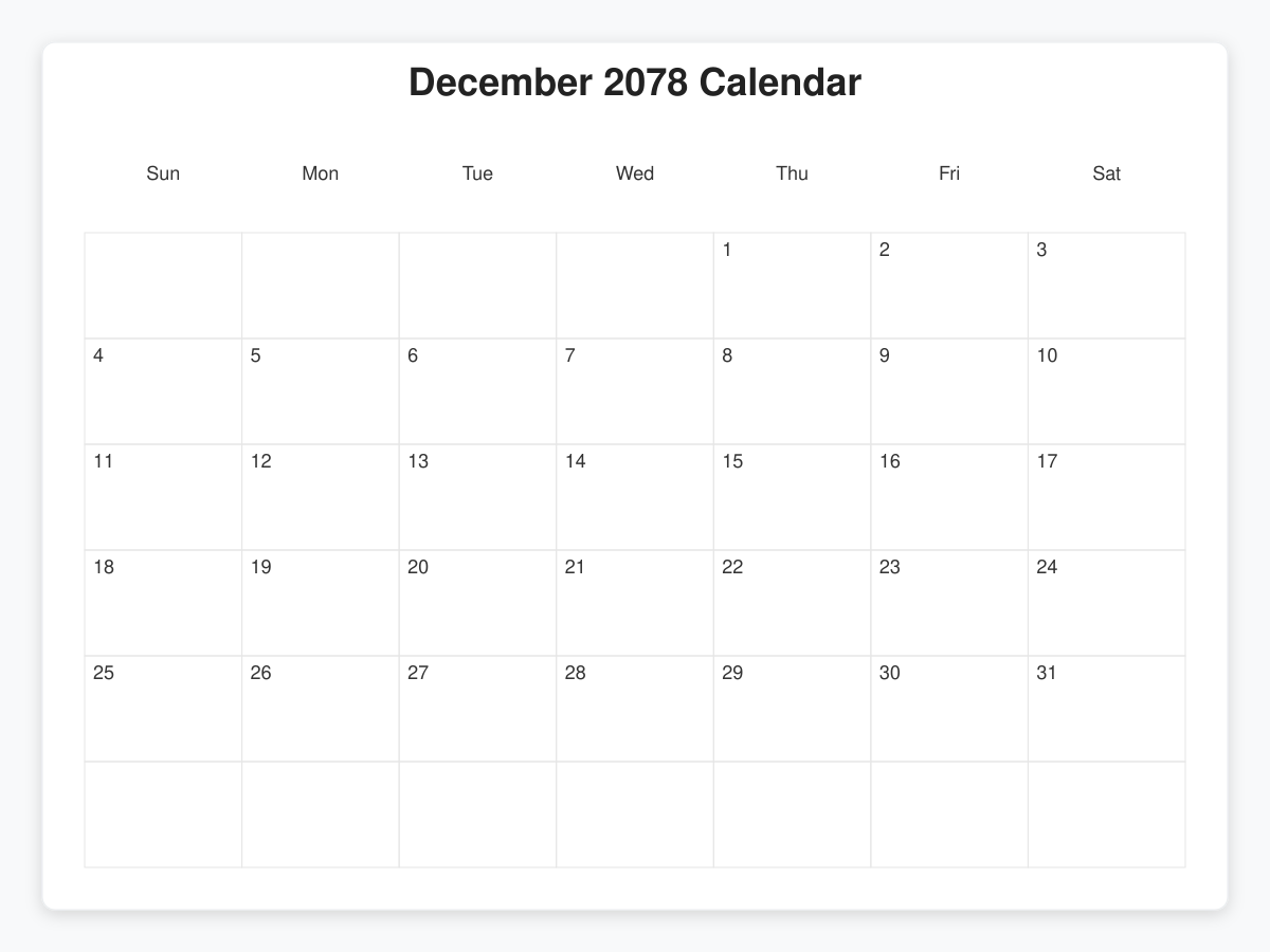 Printable December 2078 Calendars