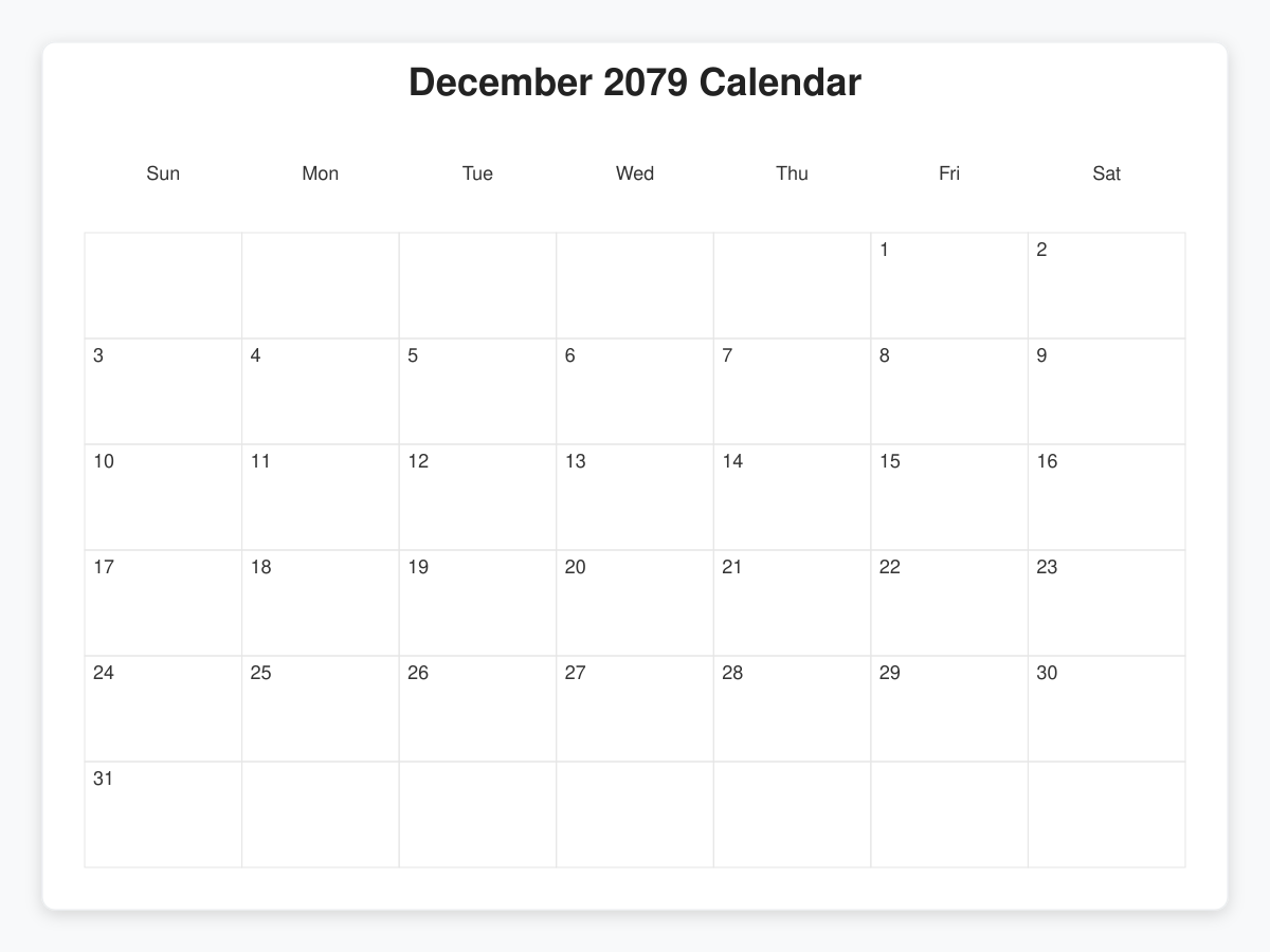 Printable December 2079 Calendars