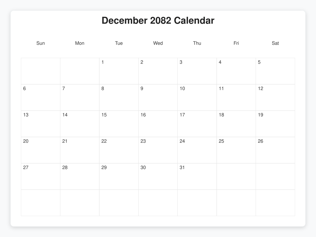 Printable December 2082 Calendars