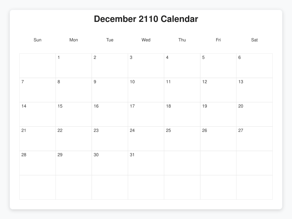 Printable December 2110 Calendars