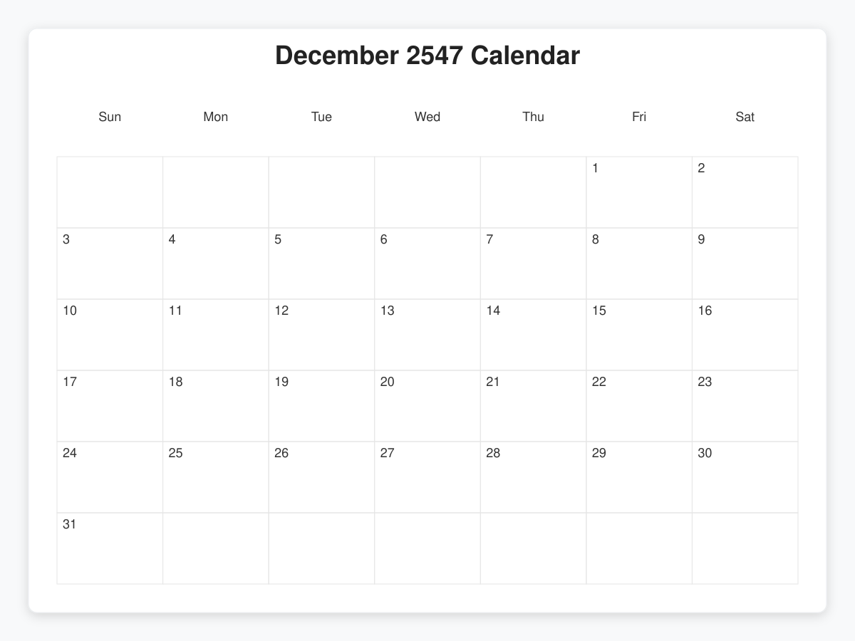 Printable December 2547 Calendars