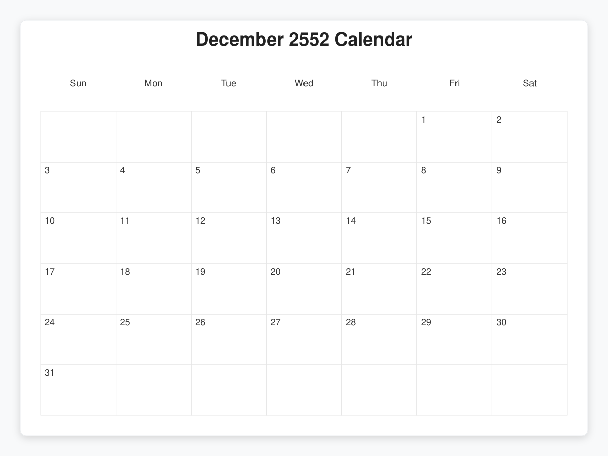 Printable December 2552 Calendars