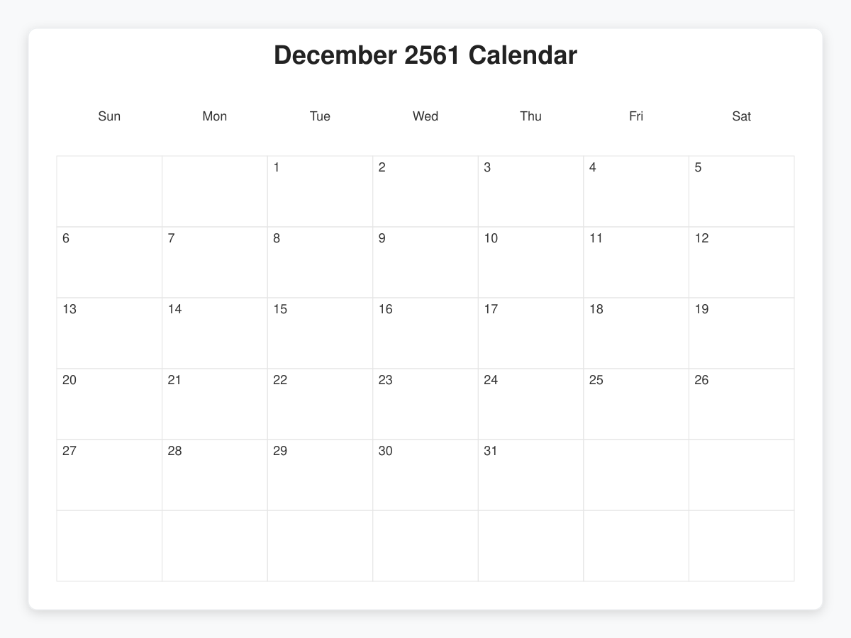 Printable December 2561 Calendars