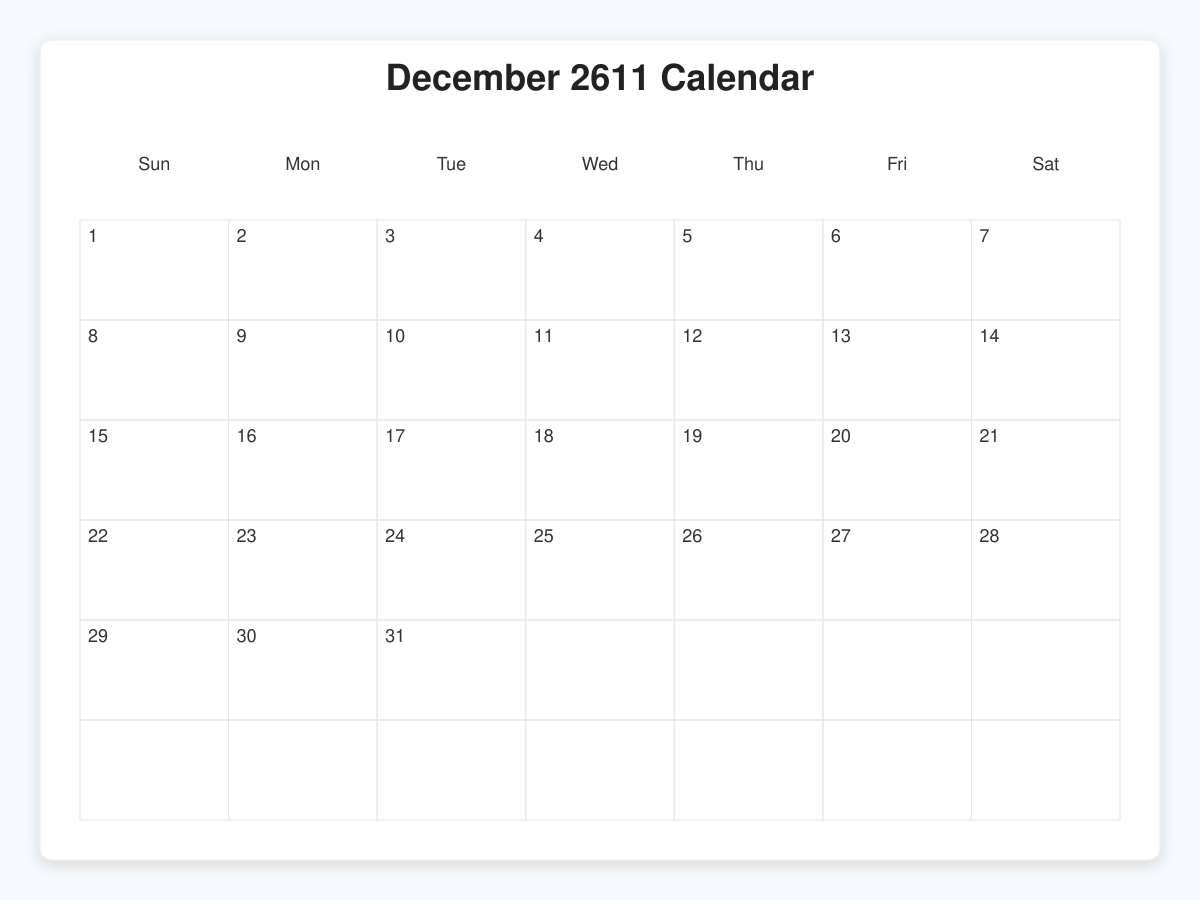 Printable December 2611 Calendars