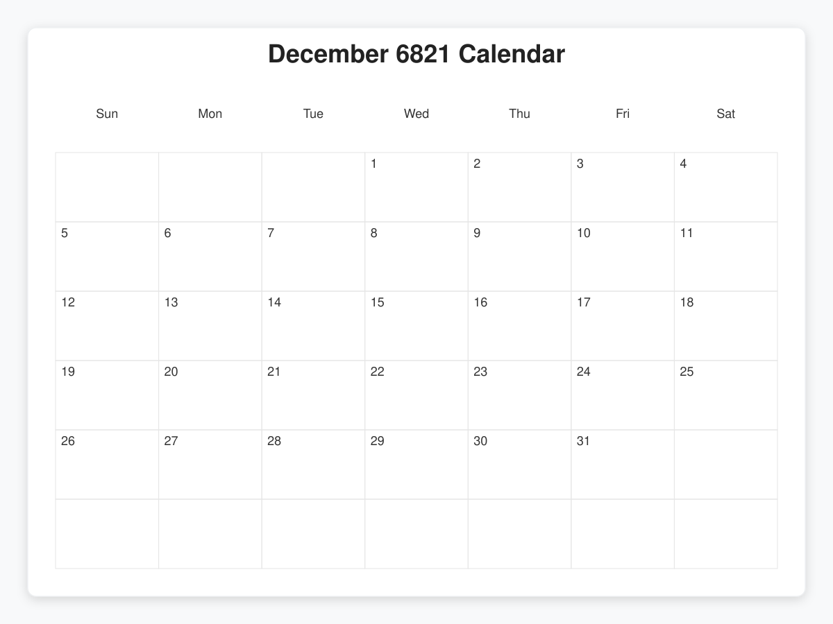 Printable December 6821 Calendars