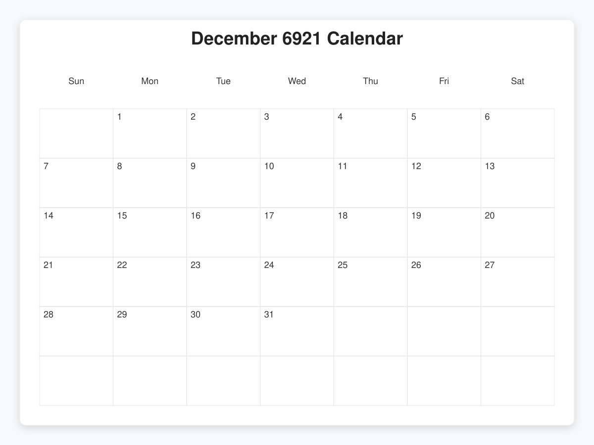 Printable December 6921 Calendars