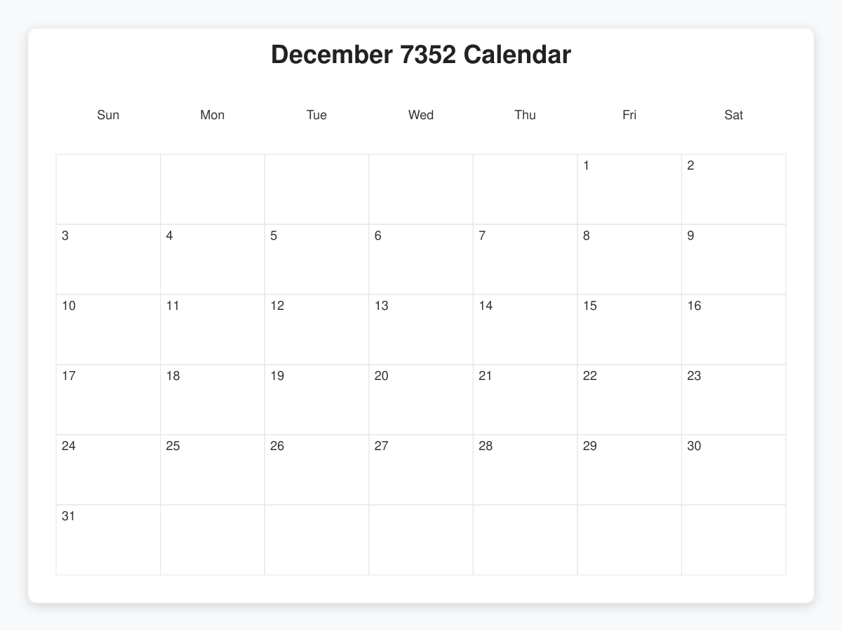Printable December 7352 Calendars