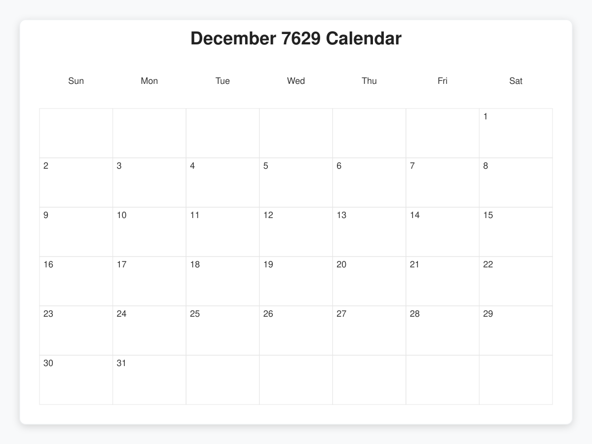 Printable December 7629 Calendars