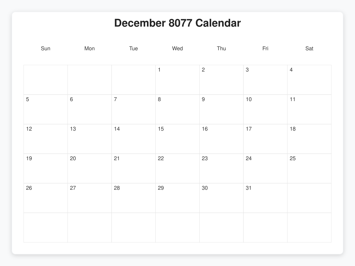 Printable December 8077 Calendars