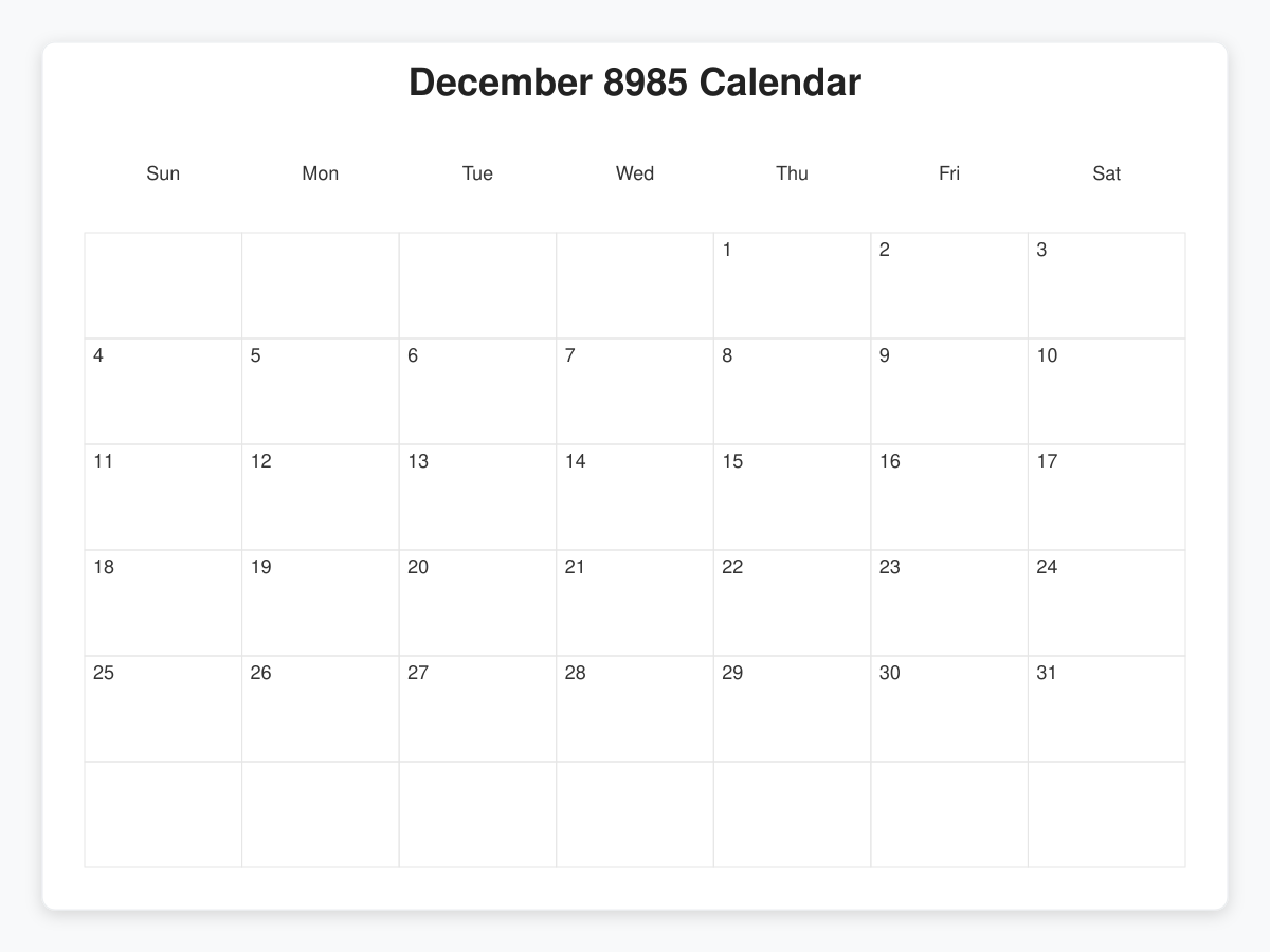 Printable December 8985 Calendars