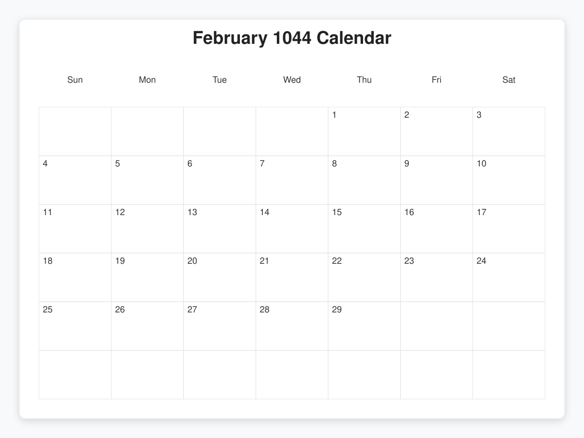 Printable February 1044 Calendars