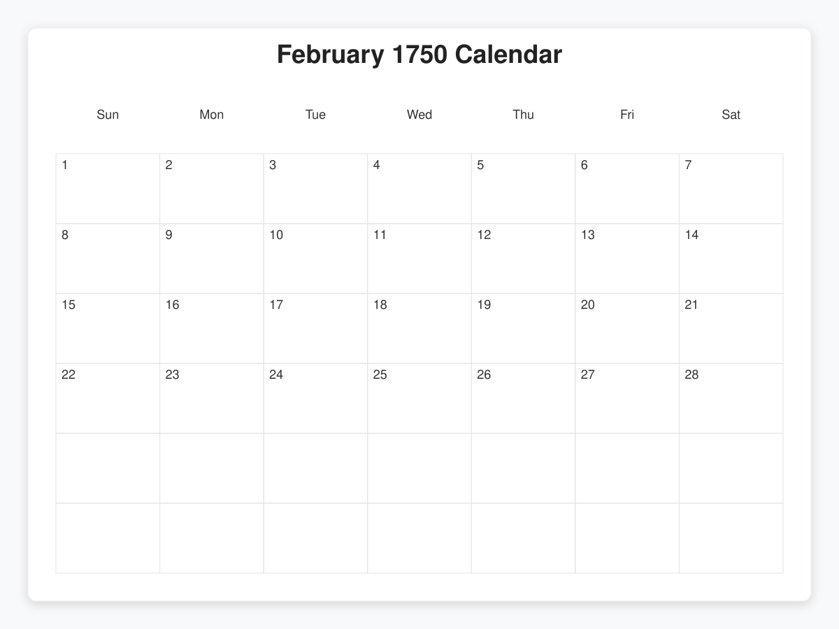 Printable February 1750 Calendars