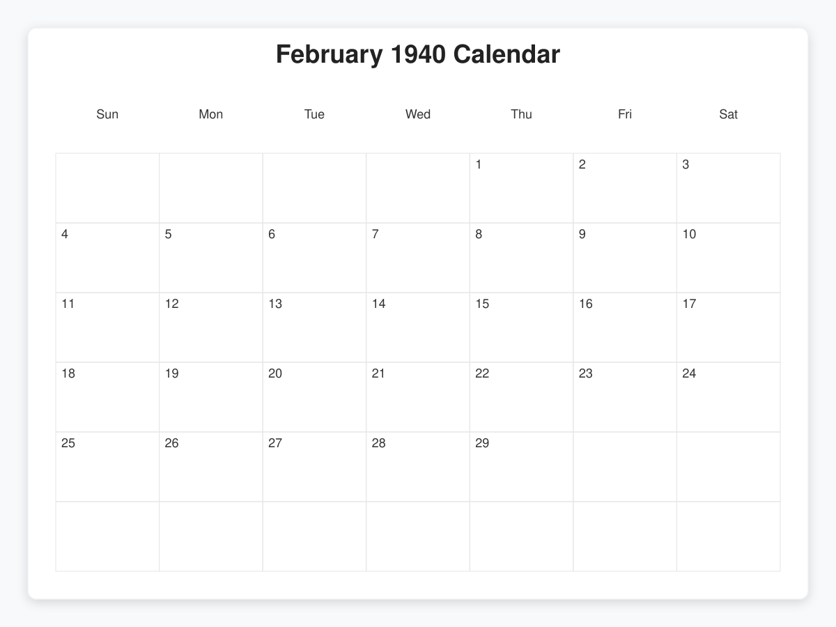 Printable February 1940 Calendars